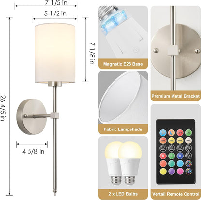 Battery Operated Wall Sconces Set of Two,Wireless Rechargeable Wall Light With Remote Control, Dimmable, Amber Light/Warm White/Natural White/Daylight/RGB, Timer,for Living Room,Bedroom,Entryway,Gold