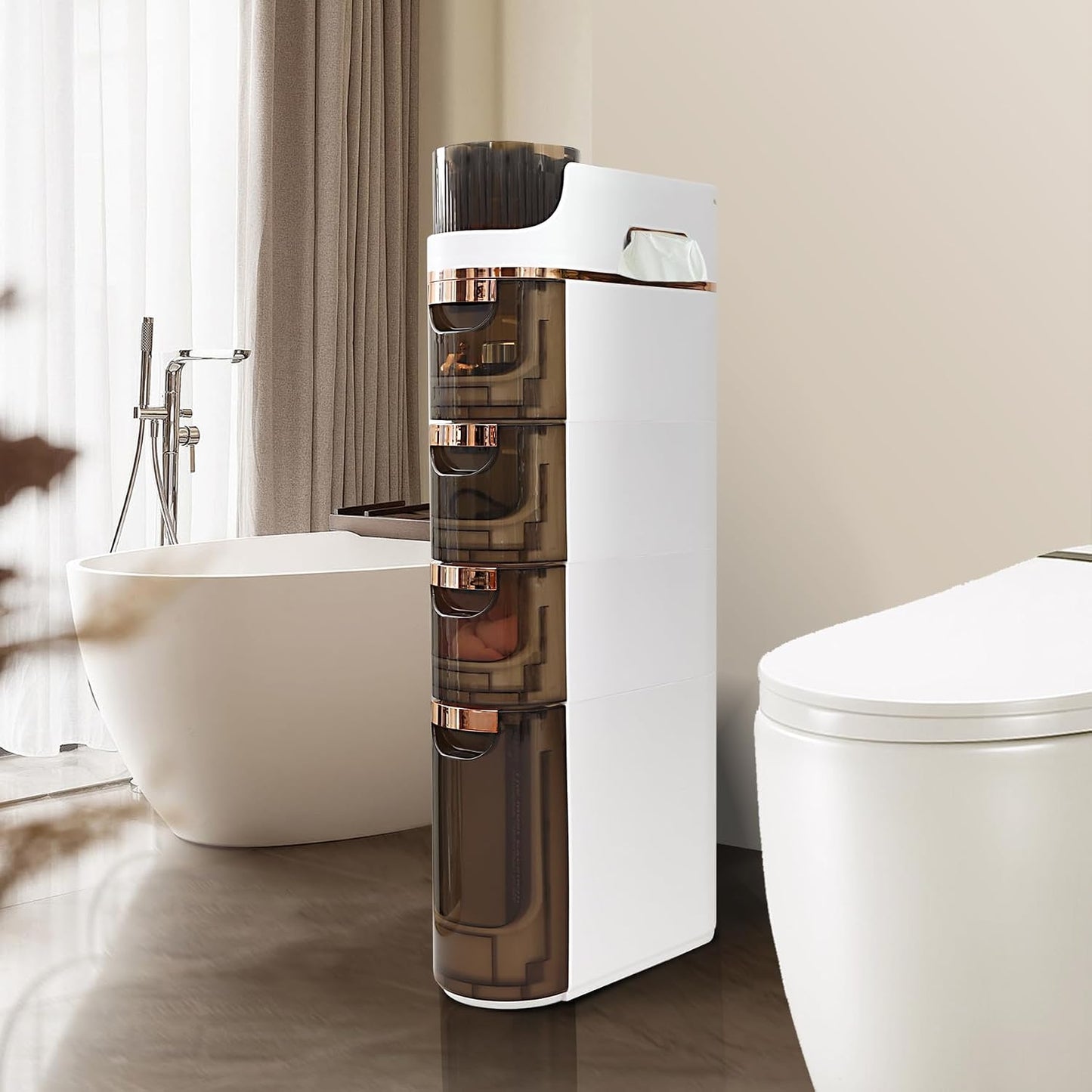 BGYMF 4-Tier Slim Bathroom Storage Cabinet,Slim Cabinet for Bathroom,Narrow Rolling Storage Cart with Wheels, White Plastic Organizer for Small Spaces, Kitchen, Laundry Room, Corner