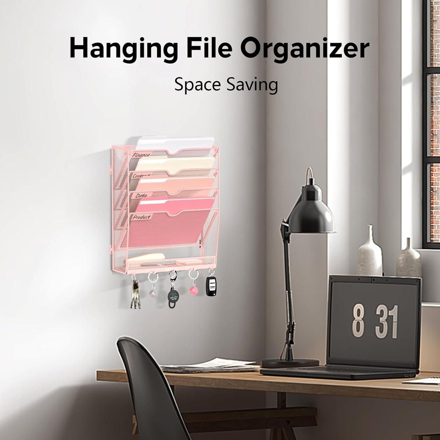 5 Tier Wall File Organizer - Hanging File Organizer with 5 Hooks, Mail Holder Wall Mounted for Papers, Folders, Magazines, Bills, Office&School Organization, Black