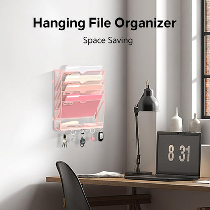 5 Tier Wall File Organizer - Hanging File Organizer with 5 Hooks, Mail Holder Wall Mounted for Papers, Folders, Magazines, Bills, Office&School Organization, Black