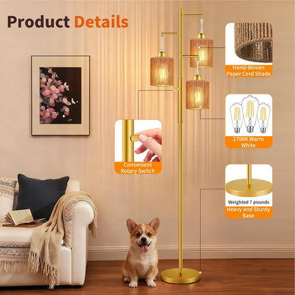 Hotsonic 72" Tall Boho Rattan Style Floor Lamp with Hand-Woven Paper Cord Shade, Dimmable Industrial Tree Standing Lamp for Living Room, Bedroom, Study Room, Office (3 x 800LM Bulbs Included) - Black