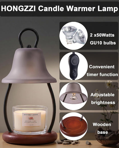 Candle Warmer Lamp with Timer - Adjustable Brightness & Glass Shade - Wooden Base with 2 Bulbs Included (Black)
