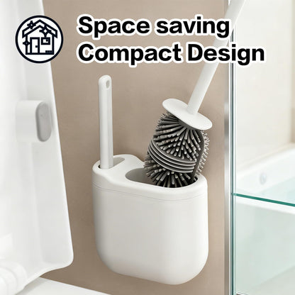 Silicone Toilet Brush Set with Corner Brush & Wall-Mounted Holder, No-Scratch Design with Drainage Holes, Adhesive Installation, White
