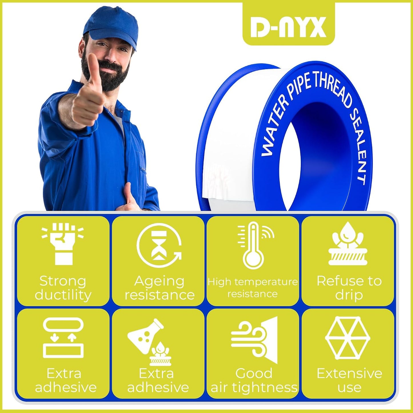 D-NYX Teflon Tape 4 Rolls 1/2 Inch(W) X 520 Inches(L) Teflon Duct Sealant Tape for Shower Head, Plumbing Thread Tapes, Water Pipe Sealing Plumbers PTFE Thread Seal, Pipe Dope Plumbers Accessories