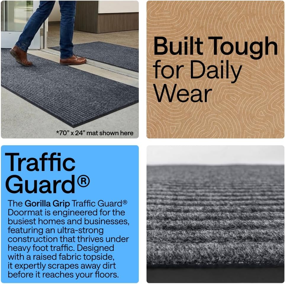 GORILLA GRIP Waterproof Traffic Guard Door Mat, Heavy Duty Entryway Mats, Strong Backing Commercial Utility Rugs for Office Hallway, Garage Floor and Home, Low Profile Carpet Runner, 29x17, Black