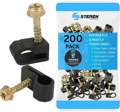 STEREN Coaxial Cable Clips - Cable Holder - Wire Clips - Siding Clips For Hanging - Cord Holder For Desk - Cable Clamps - Cord Clip - Wire Organizer Clips - Tv Mount Screws - Black - 100 Pack