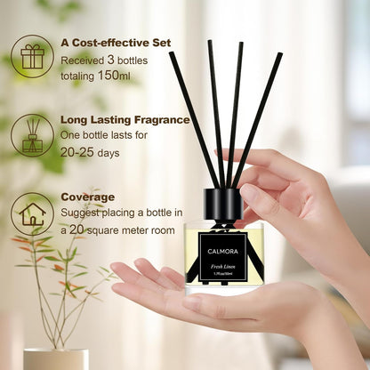 CALMORA Reed Diffuser Set of 3, 50ml Fresh Linen/Eucalyptus & Mint/Ocean Scented Oil Diffuser with 15 Sticks | Home Fragrance for Bedroom, Bathroom, Office & Living Room