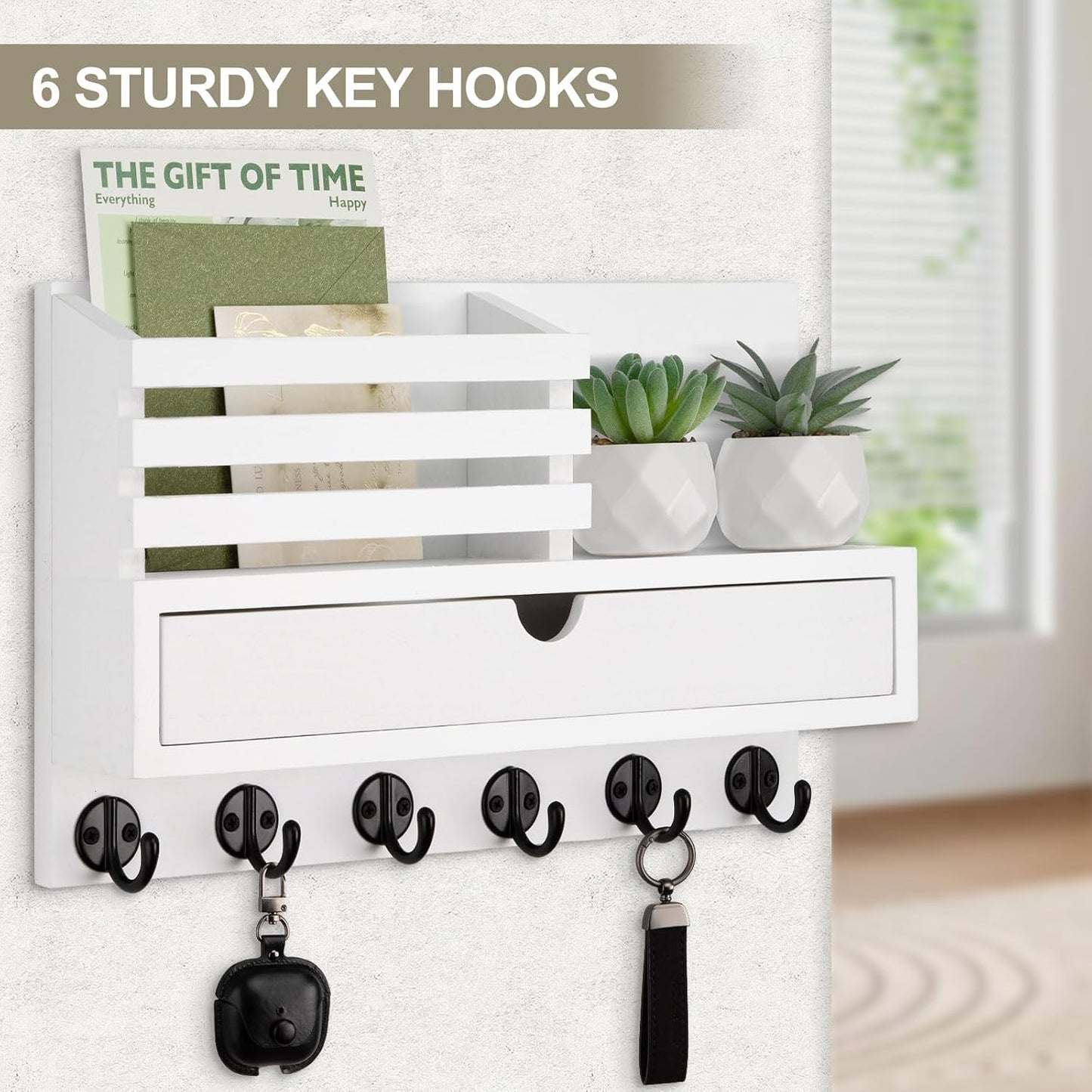 Key Holder Wall Mount, Mail Holder with Storage Drawer and 5 Key Hooks for Coat, Dog Leash, Home Decor Rack, House Accessories, Entry Way Organizer