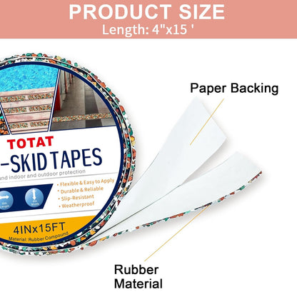 Waterproof Tape for Pools, 4" x15FT Heavy Duty Anti Slip Stair Treads Outdoor Tape Non-Slip Rubber Grip Tape Shower Strips Slip Resistant Tape Traction Tape for Stairs Showers Bathroom Trails