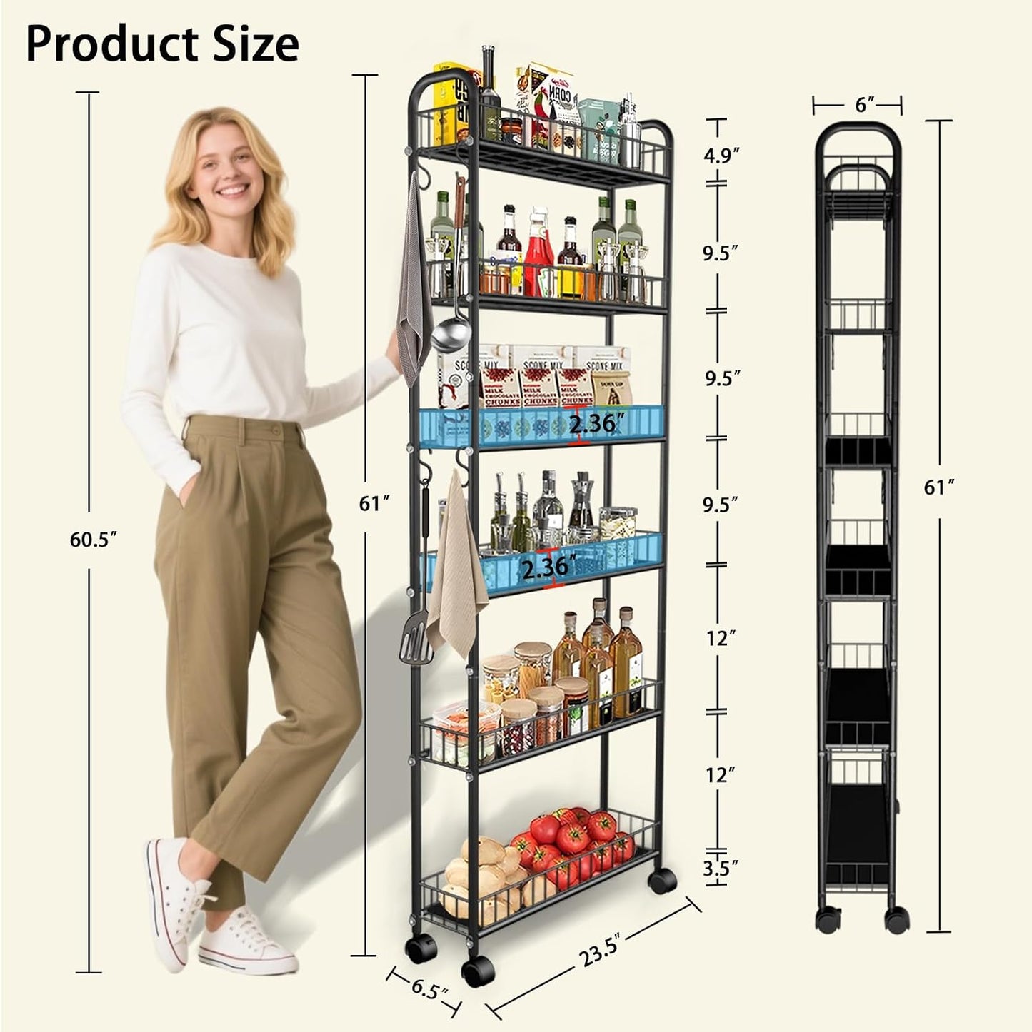 10in 6-Tier Slim Storage Cart with Wheels, Metal 10in Wide Black Narrow Rolling Shelf, Sturdy Slim Storage with Hooks Ideal for Kitchen, Bathroom, and Laundry Room