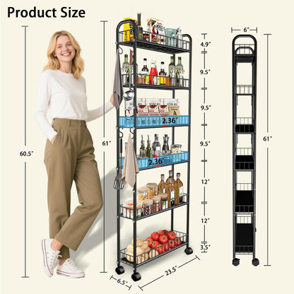10in 6-Tier Slim Storage Cart with Wheels, Metal 10in Wide Black Narrow Rolling Shelf, Sturdy Slim Storage with Hooks Ideal for Kitchen, Bathroom, and Laundry Room