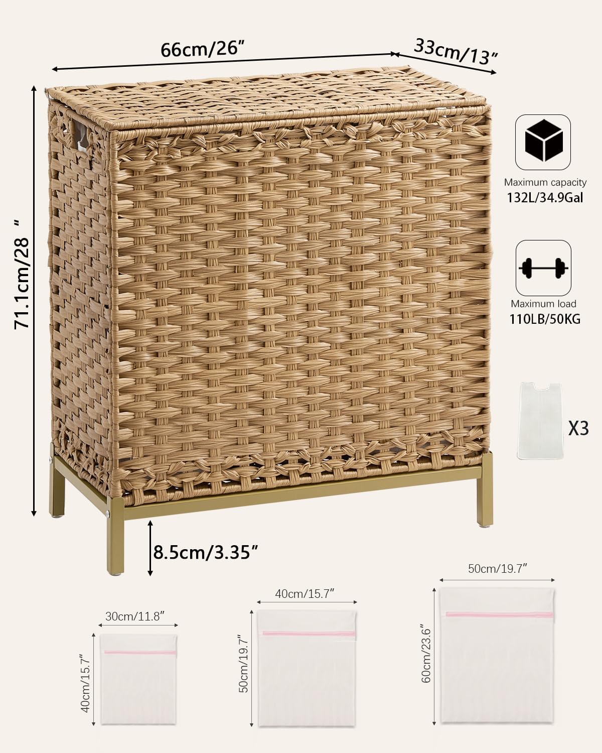 SETVSON Laundry Hamper with Lid 132 L, (35 Gallons) Clothes Hamper with Lid, Handwoven Rattan Laundry Hamper with Metal Heightened Feet, Laundry Hampers with 3 Removable Liner Bags for Laundry-Natural