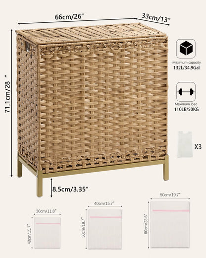 SETVSON Laundry Hamper with Lid 132 L, (35 Gallons) Clothes Hamper with Lid, Handwoven Rattan Laundry Hamper with Metal Heightened Feet, Laundry Hampers with 3 Removable Liner Bags for Laundry-Natural