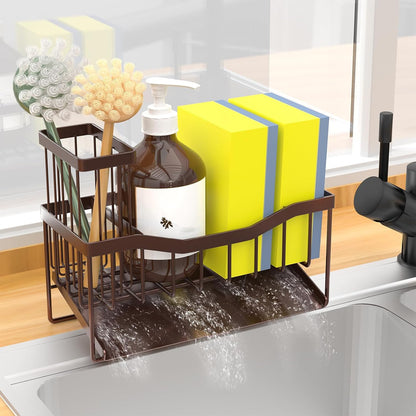 Maifan Sink Caddy Sponge Holder for Kitchen with Brush Holder and Stainless Steel Self Drain Tray, Rustproof Kitchen Sink Organizer for Sponge, Soap Dispenser Storage Accessories (Lacquer Silver)