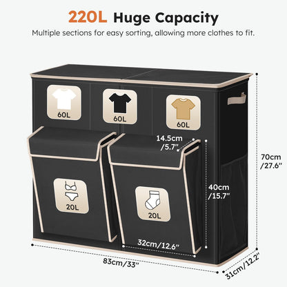 SOLEDI 220L Laundry Hamper 3 Section,Extra Large Laundry Basket with Lid and 2 Side Pockets, Dirty Clothes Hamper with Removable Bag Easy to Carry for Laundry Room, Bedroom, Bathroom, Black