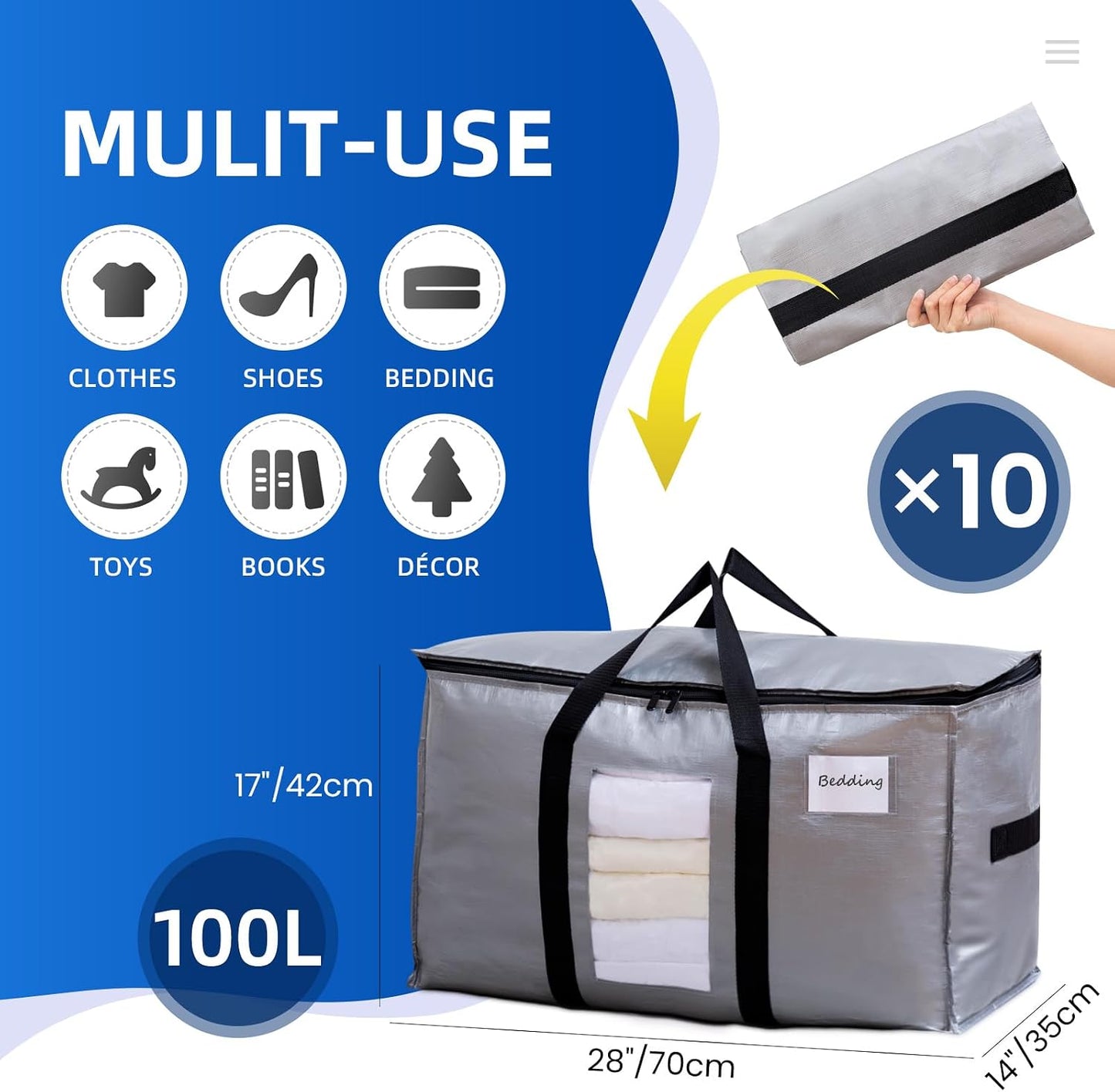 TAILI Extra Large Moving Bags, 4 Pack Blue Heavy Duty Totes For Storage with Visible Window, Wrap Around Handles, Storage Bags for Space Saving, Alternative to Moving Boxes