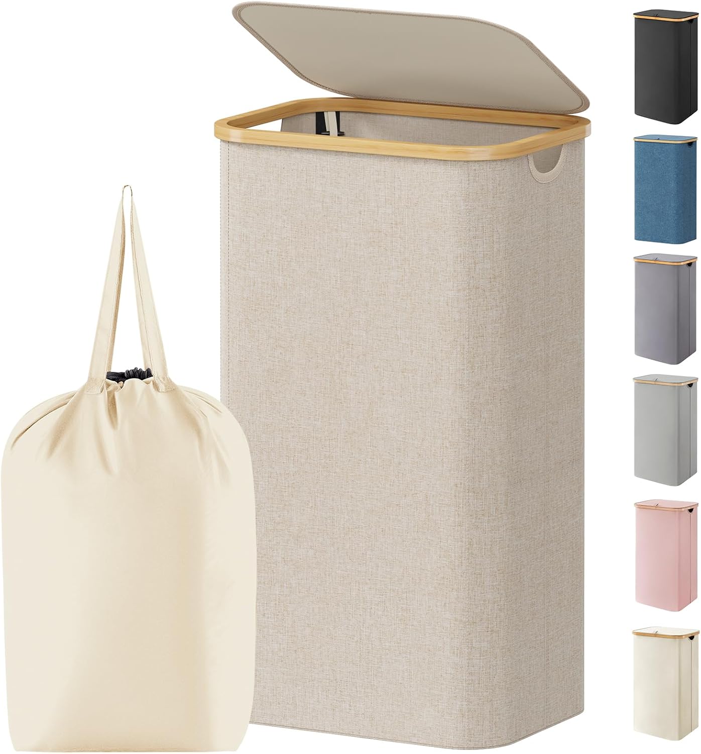 Lifewit 120L Laundry Basket with Lid, Clothes Hampers for Laundry with Bamboo Handles and 2 Removable Bag, Large Foldable Laundry Hamper for Bedroom, Bathroom, Dorm, Laundry Room, Beige