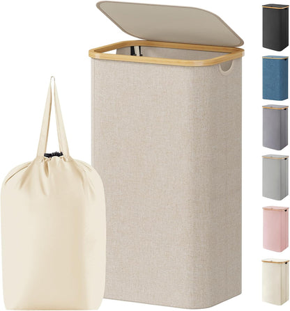 Lifewit 120L Laundry Basket with Lid, Clothes Hampers for Laundry with Bamboo Handles and 2 Removable Bag, Large Foldable Laundry Hamper for Bedroom, Bathroom, Dorm, Laundry Room, Beige