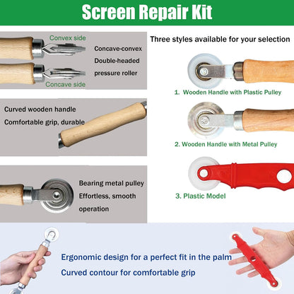 Screen Repair Kit & Window Screen Replacement Kit with Spline Roller Tool, Spline Removal Hook, Screen Cutter - Easy to Use 5-in-1 Tool for Screen Door Repair, Windows, Patio & Sliding Doors