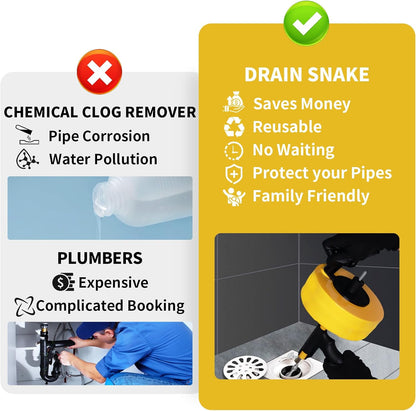 Drain Snake 50 Ft, Plumbing Snake for Sink with Drill Attachment, Snake Drain Clog Remover for Shower Drain and Sink, Manual or Powered Use, Comes with Gloves and Storage Bag, 1/4 Inch, Yellow