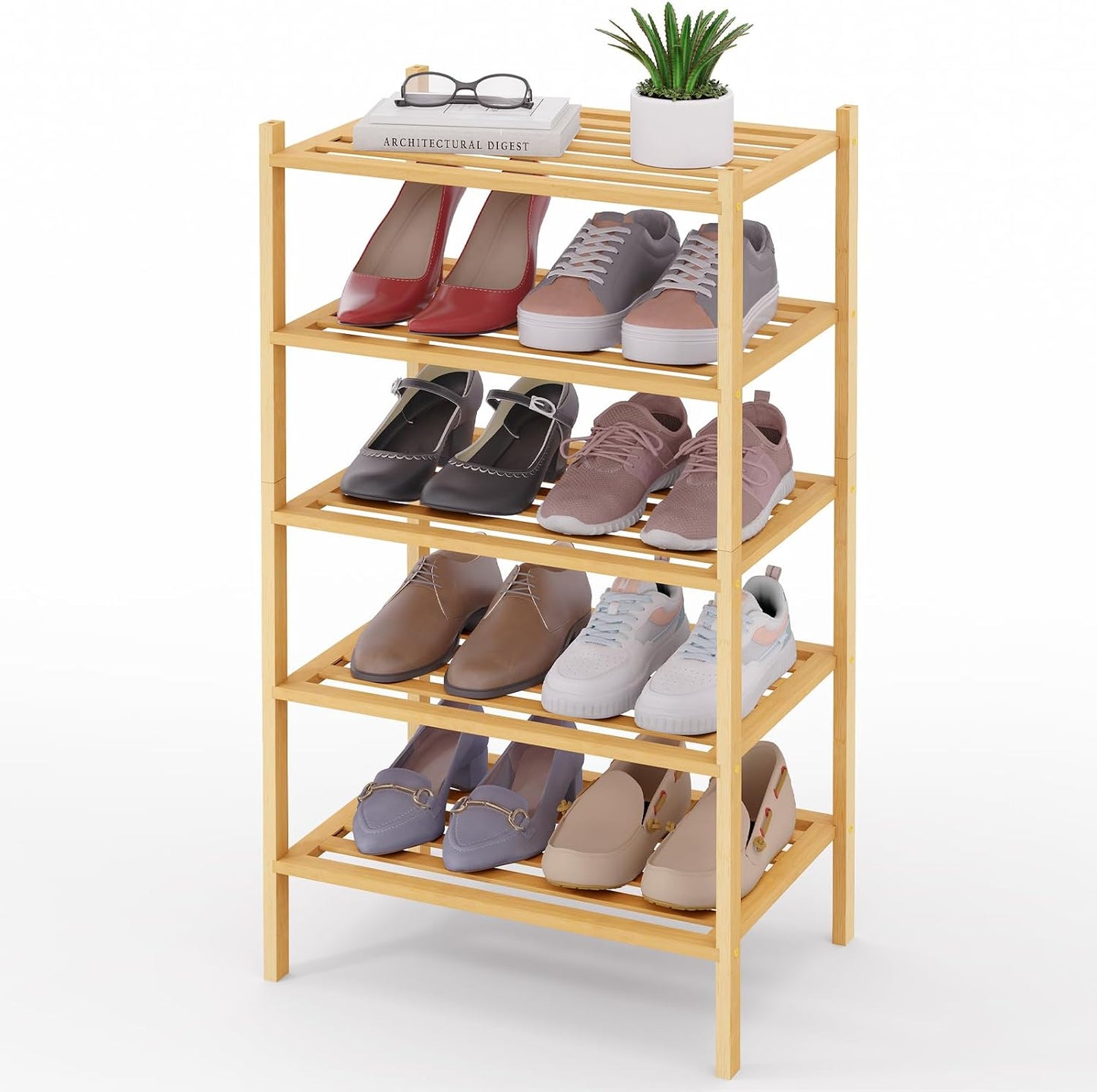 Smiry Bamboo Shoe Rack, 3 Tier Free Standing Wooden Shoe Organizer, Stackable Wood Shoe Storage Shelf for Closet, Entryway, 5 Horizontal Slats, 26.8"x11"x18.3", Natural