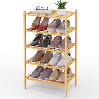Smiry Bamboo Shoe Rack, 3 Tier Free Standing Wooden Shoe Organizer, Stackable Wood Shoe Storage Shelf for Closet, Entryway, 5 Horizontal Slats, 26.8"x11"x18.3", Natural