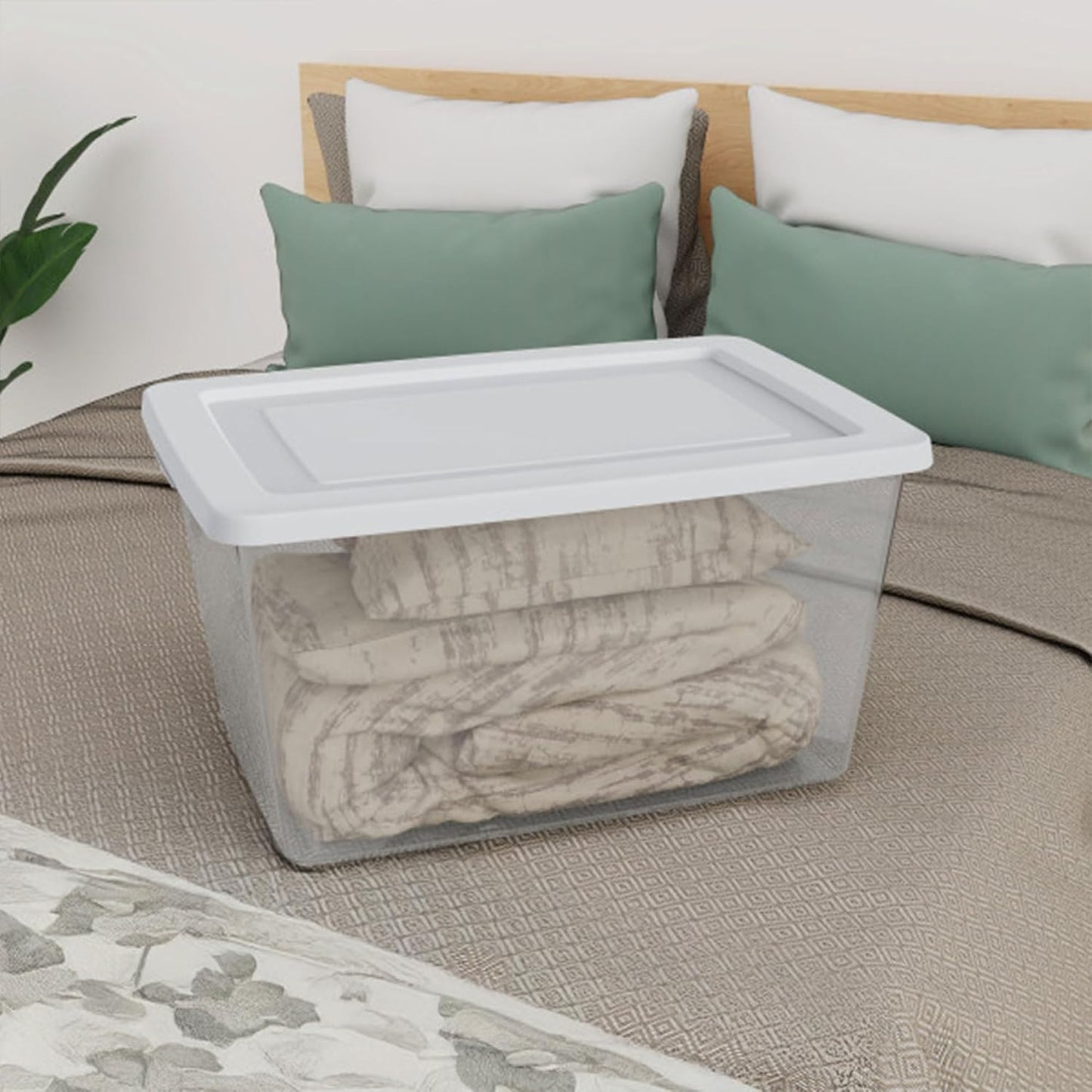 Sterilite 6 Pack Storage Box, 41 Quart Stackable Tote, Clear Plastic Container with Secure Snapping White Lids for Home and Office Organization