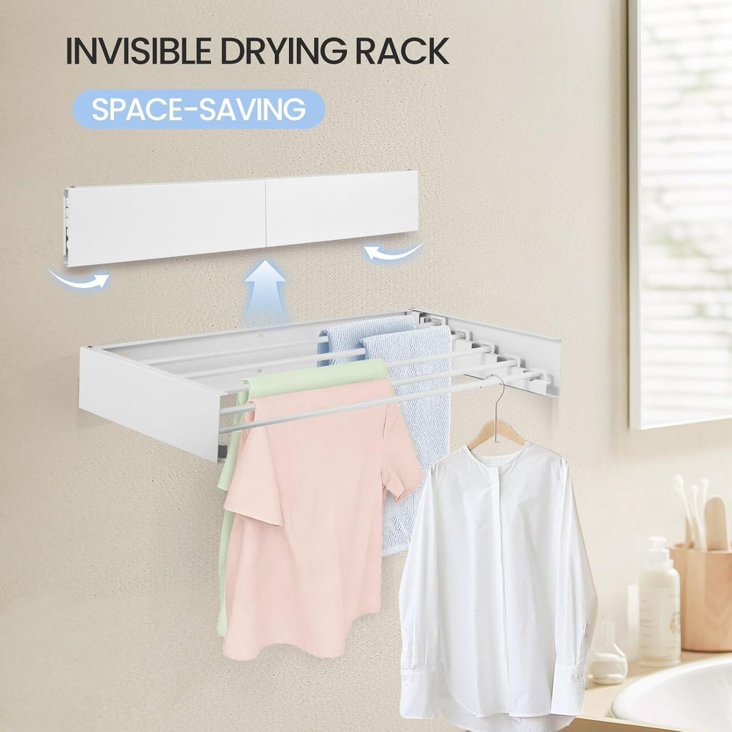 Wall Mounted Laundry Drying Rack, Carbon Steel Foldable & Retractable Clothes Drying Rack, Space Saving Adjustable Towel Holder for Bathroom, Laundry, Small Spaces (1, White, 31.5")