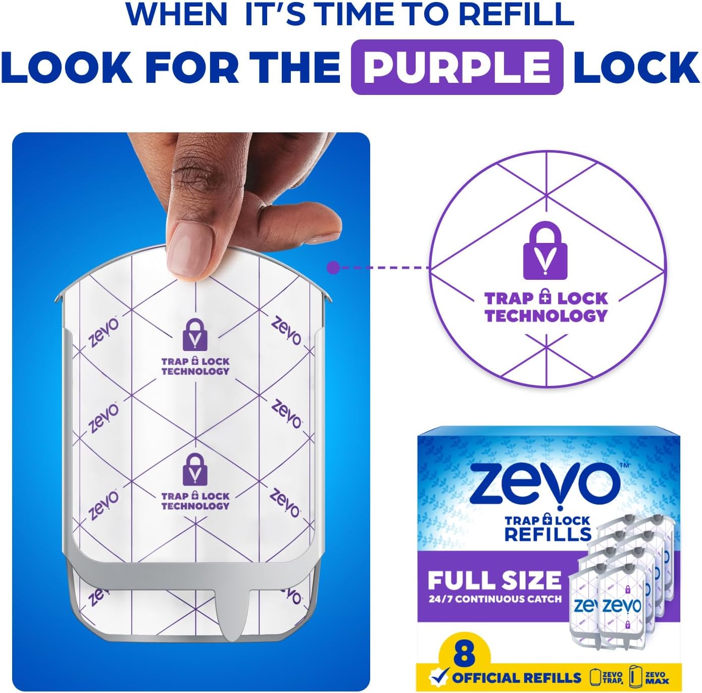 Zevo Flying Insect Trap Official Refill Cartridges - Fits Zevo Trap and MAX Indoor Fly Trap, Trap+Lock Technology Fly Trap Refill for Gnats, House Flies & Fruit Flies (8 Official Refill Cartridges)