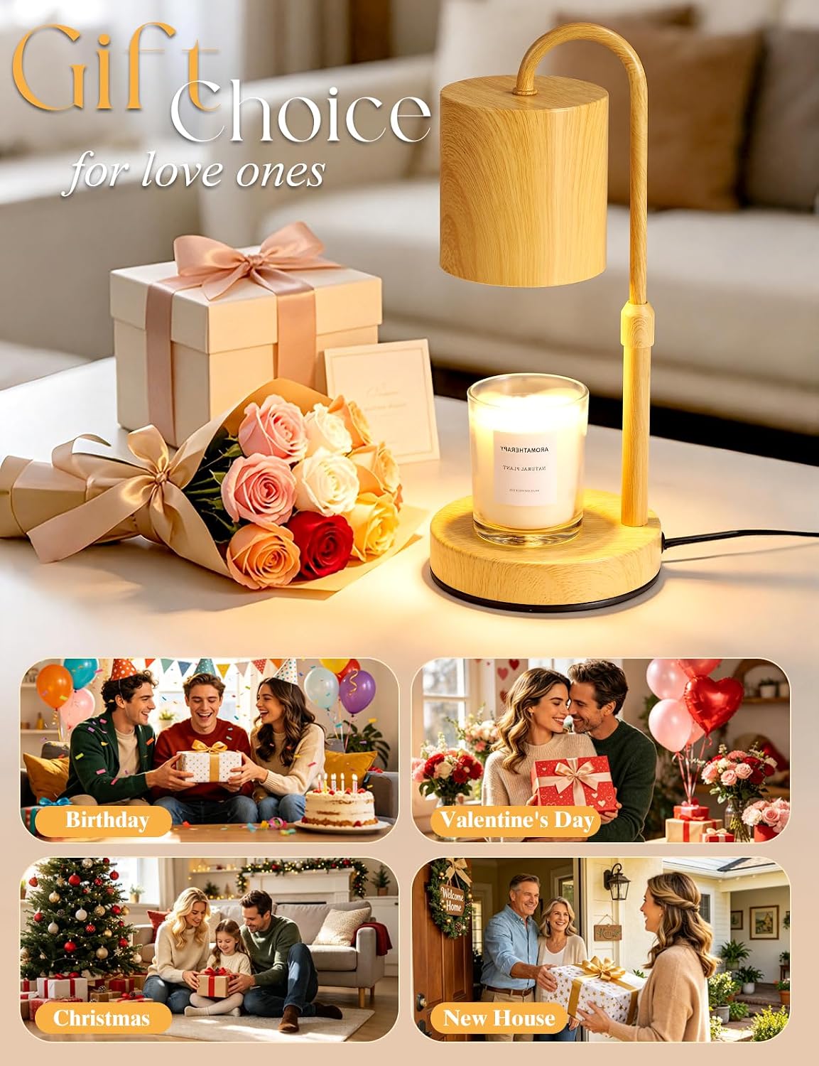Briever Dimmable Candle Warmer Lamp with Timer, Height Adjustable Electric Candle Wax Warmer, Christmas Birthday Gifts for Women Mom, House Warming Gifts New Home Room Decor, Walnut Solid Wood Base