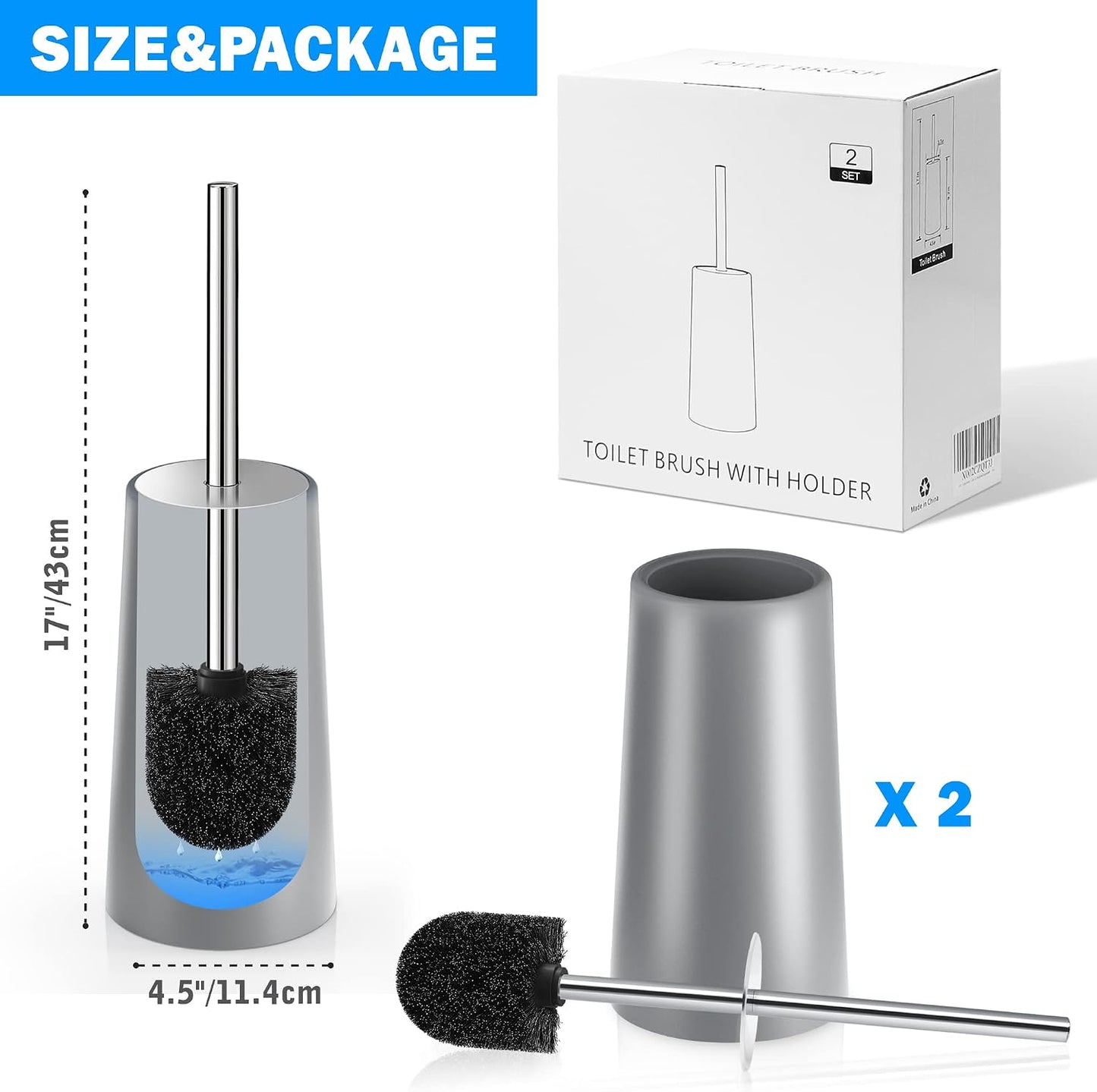 Toilet Brush and Holder, 2 Pack Toilet Brush with 304 Stainless Steel Long Handle, Toilet Bowl Brush for Bathroom Toilet-Ergonomic, Elegant,Durable (White)