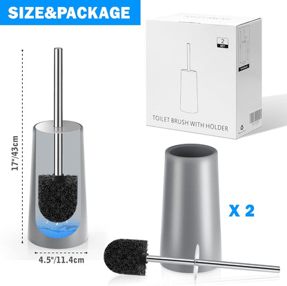 Toilet Brush and Holder, 2 Pack Toilet Brush with 304 Stainless Steel Long Handle, Toilet Bowl Brush for Bathroom Toilet-Ergonomic, Elegant,Durable (White)