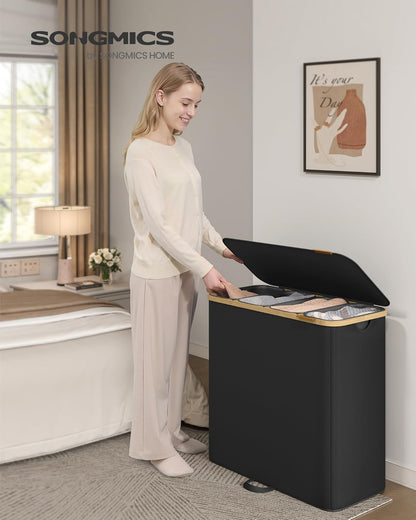 SONGMICS Laundry Hamper, Laundry Sorter with Lid, Storage Basket Bin, Removable Liners, Bamboo Frame, for Bedroom, 3 Sections, 44.9 Gal. (170 L), Ink Black ULCB533BH01