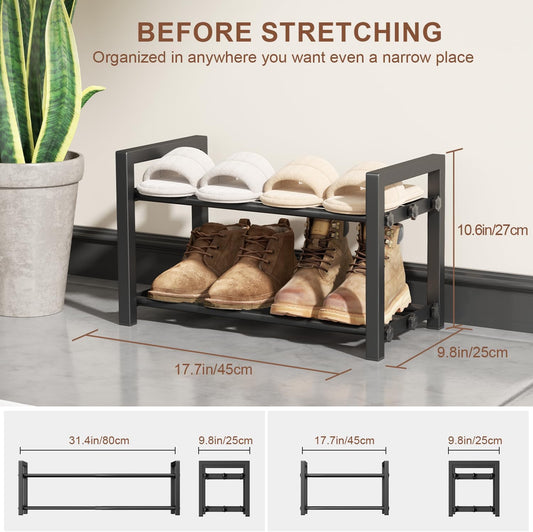 2 Tier Shoe Rack - Expandable Shoe Organizer for Closet, Adjustable Metal Shoe Shelf Storage, Stackable Long Shoe Stand Holder for Garage, Entryway, Door Entrance