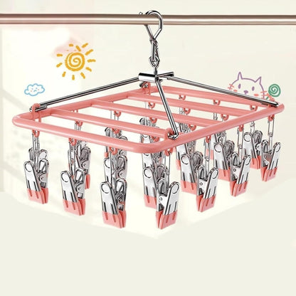 Drying Rack for Sock, Stainless Steel Sock Drying Rack with 23 Clips, Swivel Hook Windproof Hanger for Sock, Laundry, Hat, Scarf, Bras, Towel, Underwear, Pants, Gloves (White)
