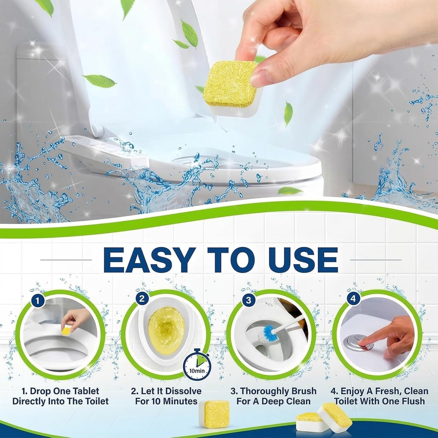 Toilet Bowl Cleaner Tablets – Lots of Foam Deodorizer & Septic Safe, Odor Eliminator, Stain Remover for Long-Lasting Freshness,No Harsh Chemicals,– Fresh Lemon Scent 24 Pack