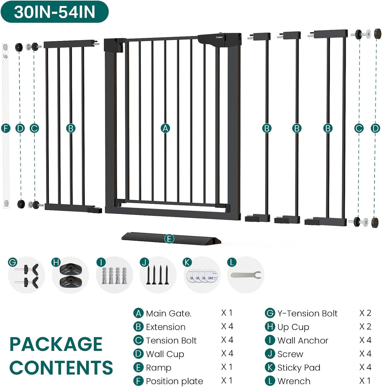 Cumbor 30-46" Baby Gate for Stairs, Mom's Choice Awards Winner-Auto Close Dog Gate for The House, Gifts for Mom, Easy Install Pressure Mounted Pet Gates for Doorways, Black