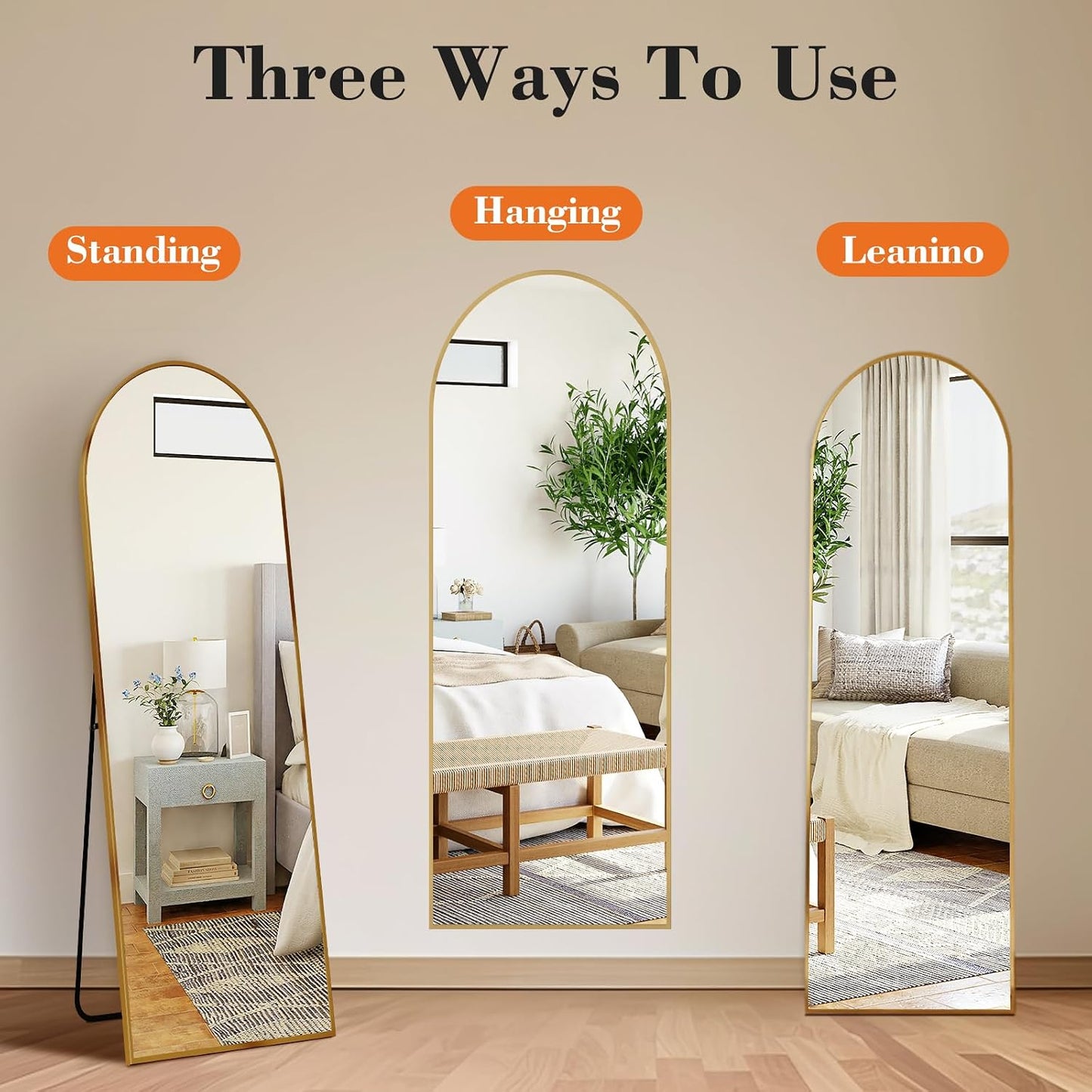 OLIXIS 64"x 21.5" Arched Mirror Full Length, Full Body Mirror with Stand, Hanging or Leaning for Wall, Floor Standing with Shatter-Proof Glass for Bedroom, Living Room, Long, Black