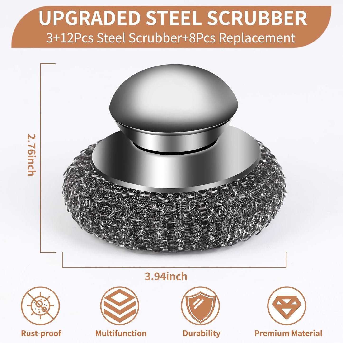 5Pcs Steel Wool Scrubber with Replacement Wire Sponge Pads Set, Stainless Steel Scrubber with Handle for Scouring Stubborn Messes from Cast Iron, Pots, Pans, Grill, Stoves, Sink(1 Scrubber+4 Pads)