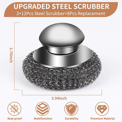 5Pcs Steel Wool Scrubber with Replacement Wire Sponge Pads Set, Stainless Steel Scrubber with Handle for Scouring Stubborn Messes from Cast Iron, Pots, Pans, Grill, Stoves, Sink(1 Scrubber+4 Pads)