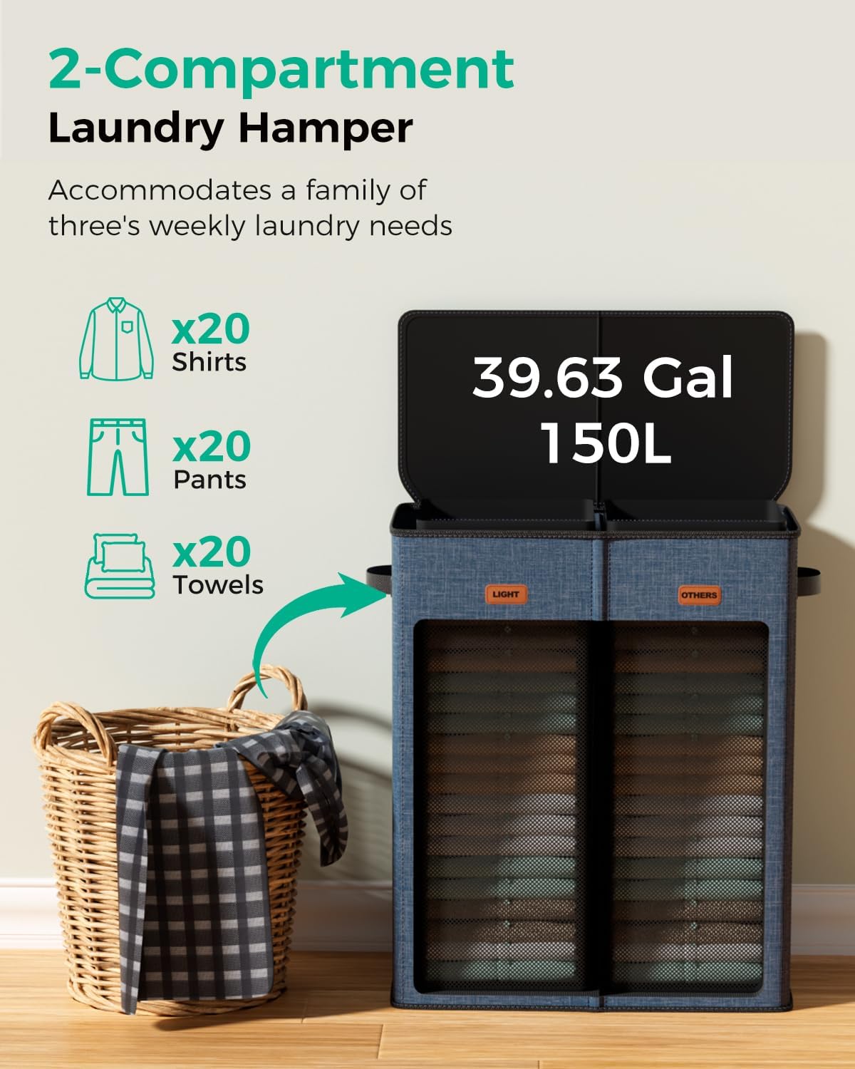 150L 2-Section Laundry Hamper with Lid – Removable Bag, Double Compartment Clothes Hamper for Bathroom, Bedroom, Dorm & Laundry Room
