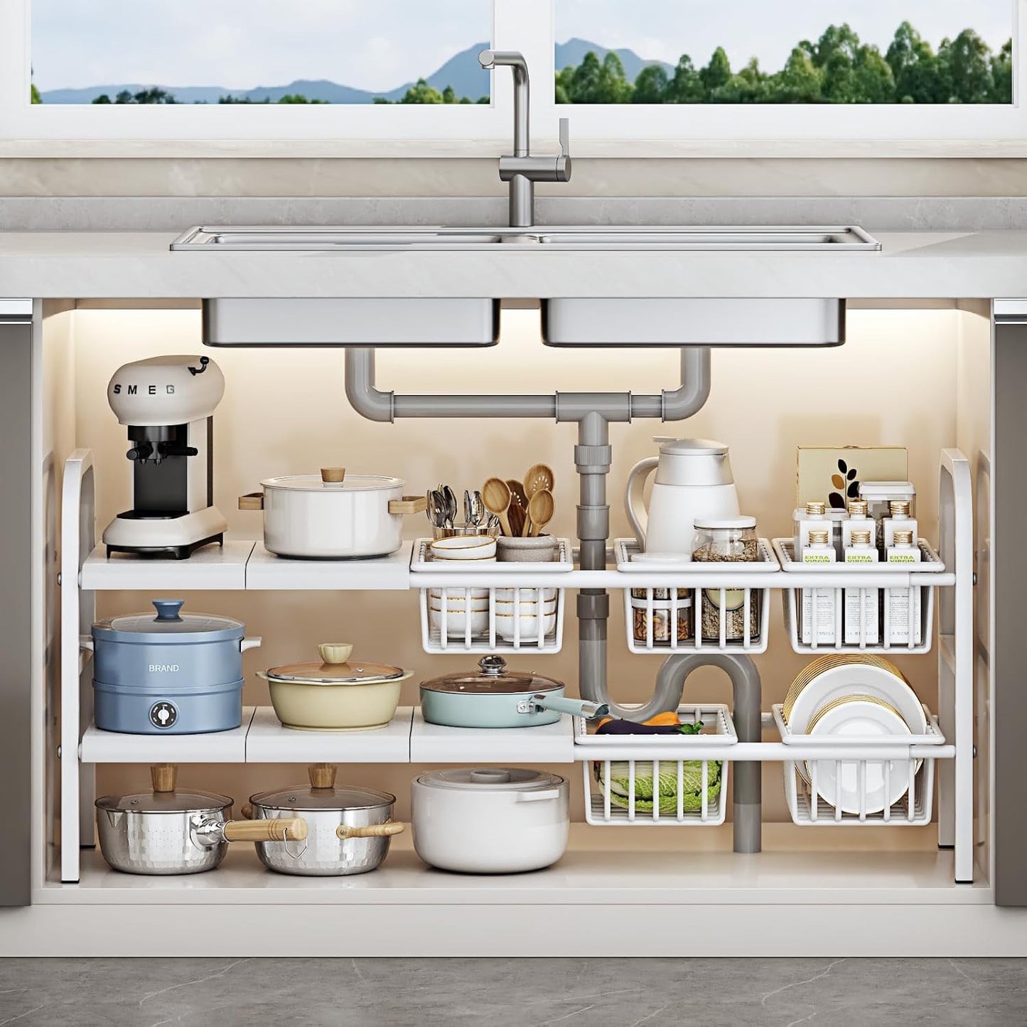 Under Sink Organizer，2 Tier Expandable Heavy Duty Metal Shelf，with 5 Removable Panels and 5 Storage Basket for Under Kitchen Bathroom Sink Organizers and Storage(Black, Large)