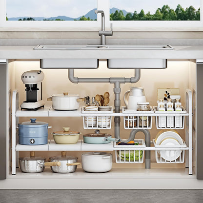 Under Sink Organizer，2 Tier Expandable Heavy Duty Metal Shelf，with 5 Removable Panels and 5 Storage Basket for Under Kitchen Bathroom Sink Organizers and Storage(Black, Large)
