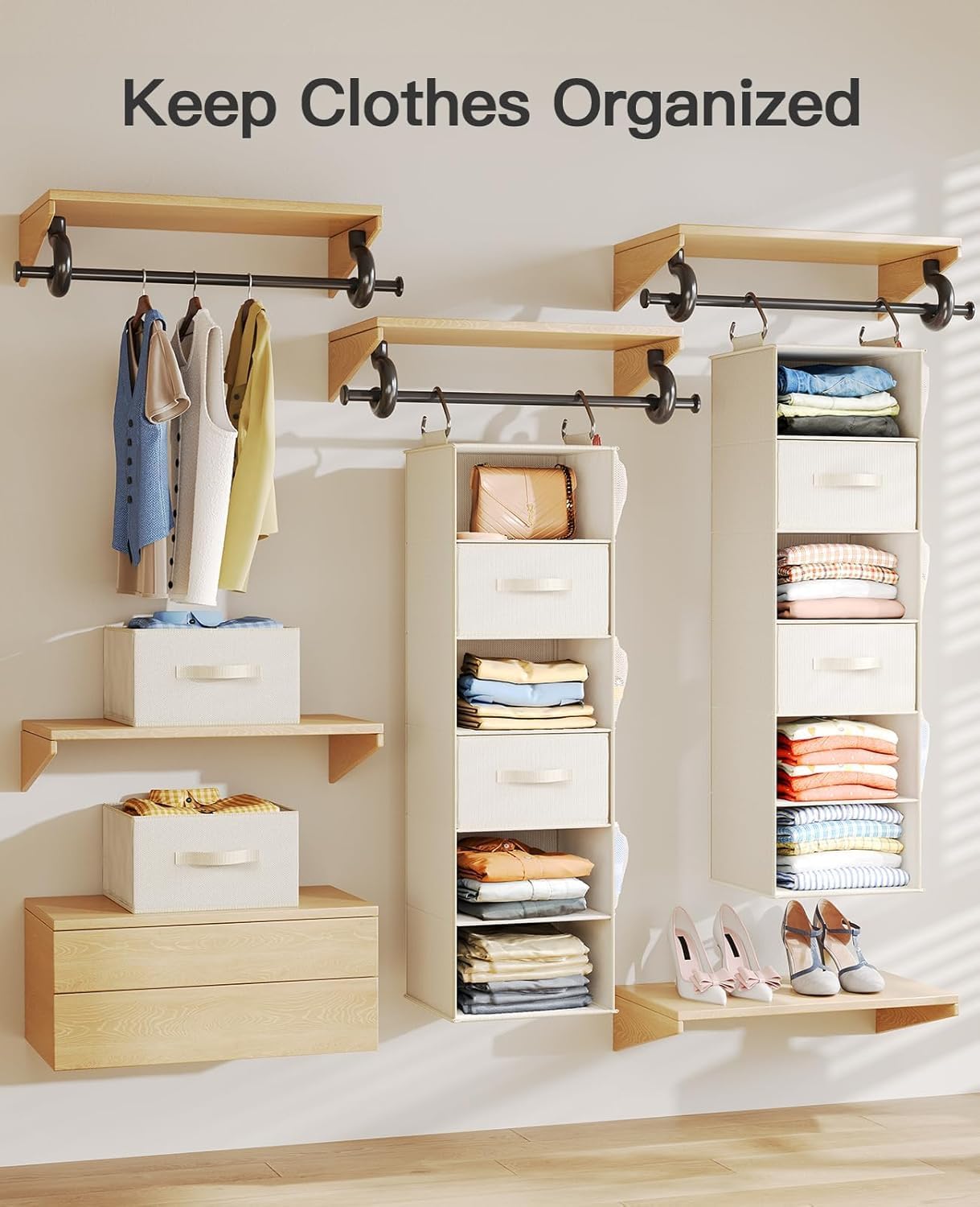 Pipishell Hanging Closet Organizer 6-Shelf, Hanging Shelves for Closet with 3 Removable Drawers & Side Pockets for Bedroom, Garment Rack and Wardrobe Organization, 12' x 12' x 43.3', Dark Gray