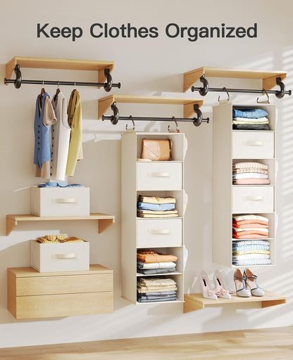 Pipishell Hanging Closet Organizer 6-Shelf, Hanging Shelves for Closet with 3 Removable Drawers & Side Pockets for Bedroom, Garment Rack and Wardrobe Organization, 12' x 12' x 43.3', Dark Gray