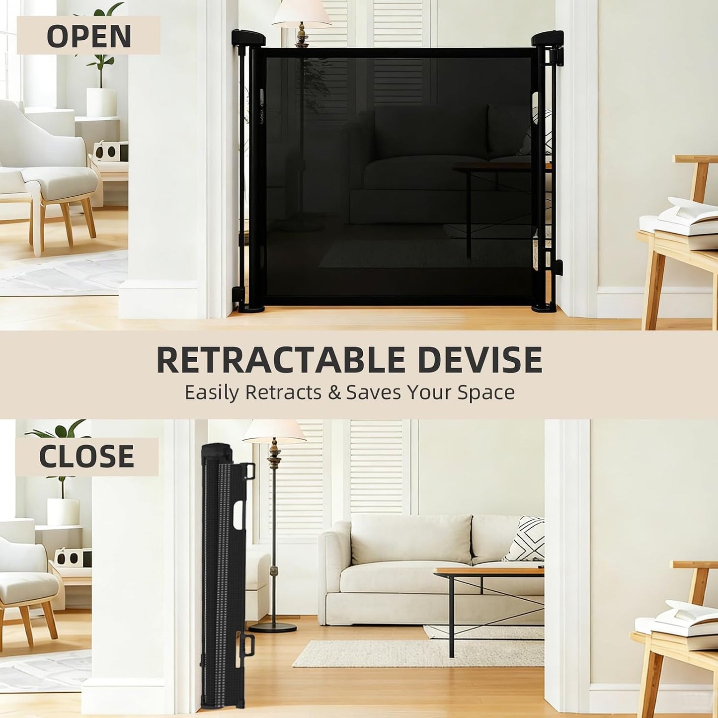 Retractable Baby Gate, 55 in Wide x 33 in Tall Mesh Dog Gate, Hardware Mounted Safety Gate with Double Lock for Doorways, Hallways, Indoor Outdoor, White
