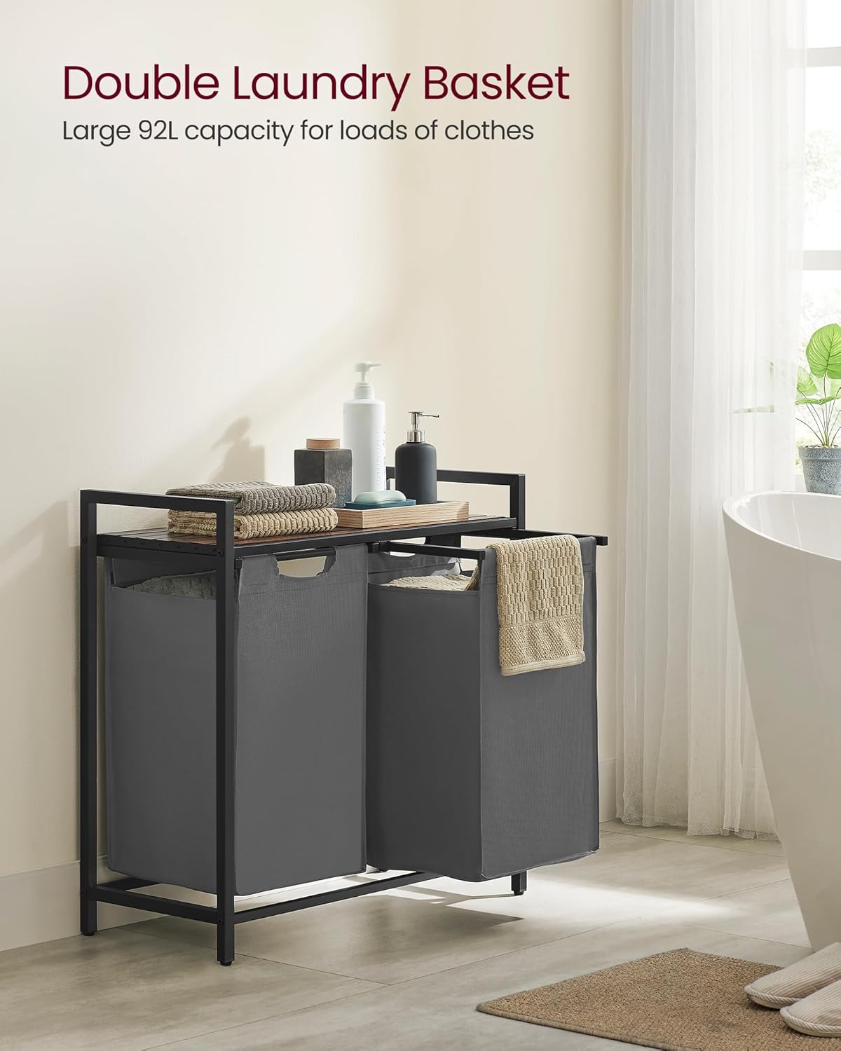 VASAGLE Laundry Hamper, Laundry Basket Sorter with 3 Pull-Out and Removable Bags, Shelf, Metal Frame, 3 x 10.6 Gallons (40 L), 36.4 x 13 x 28.4 Inches, Cappuccino Beige and Natural Beige UBLH301LH01