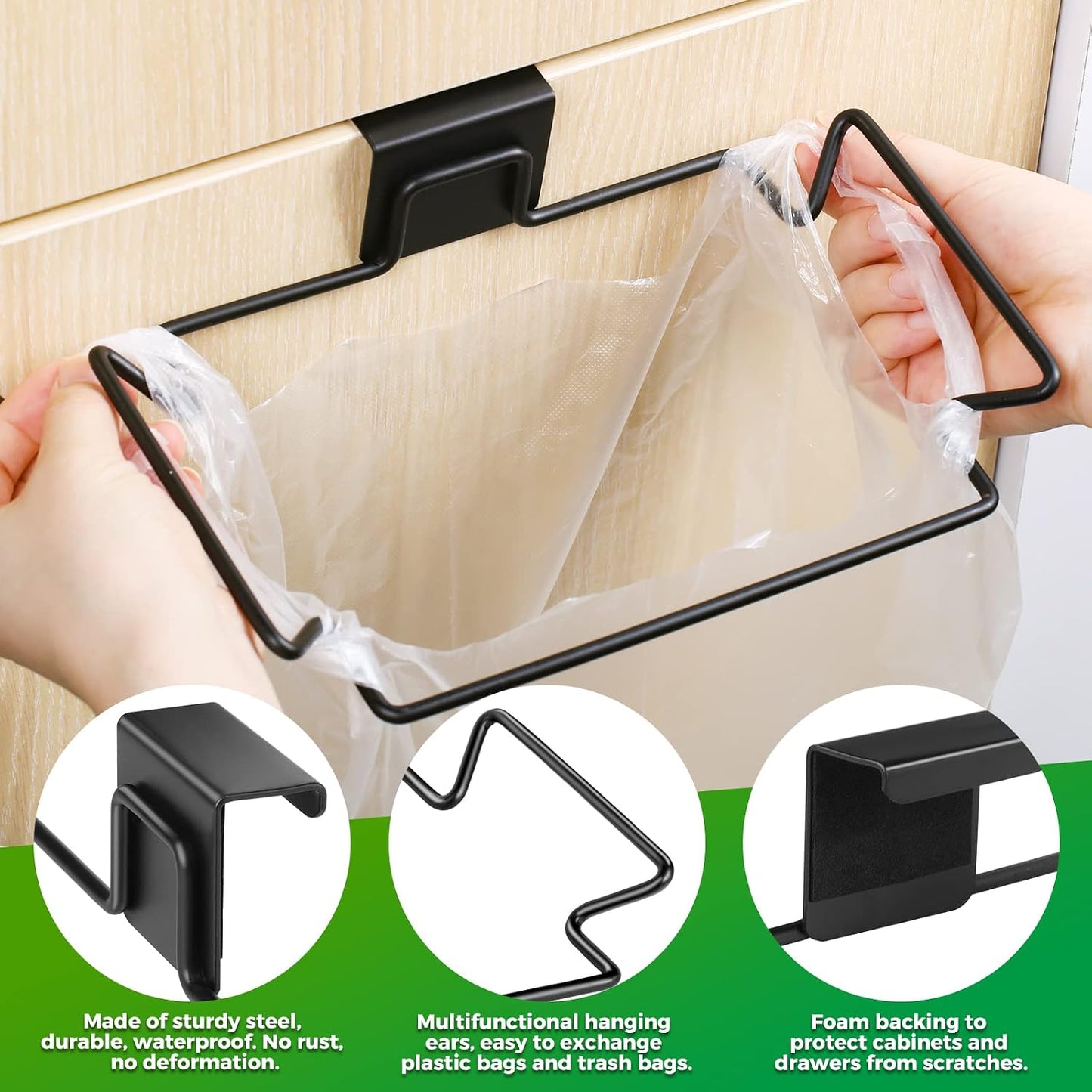Trash Bag Holder,2 Pack | for Cabinet Door and Cupboards,Stainless Steel,Black,Plastic Bag Holder under Sink,Use for Kitchen,Bathroom,Camper