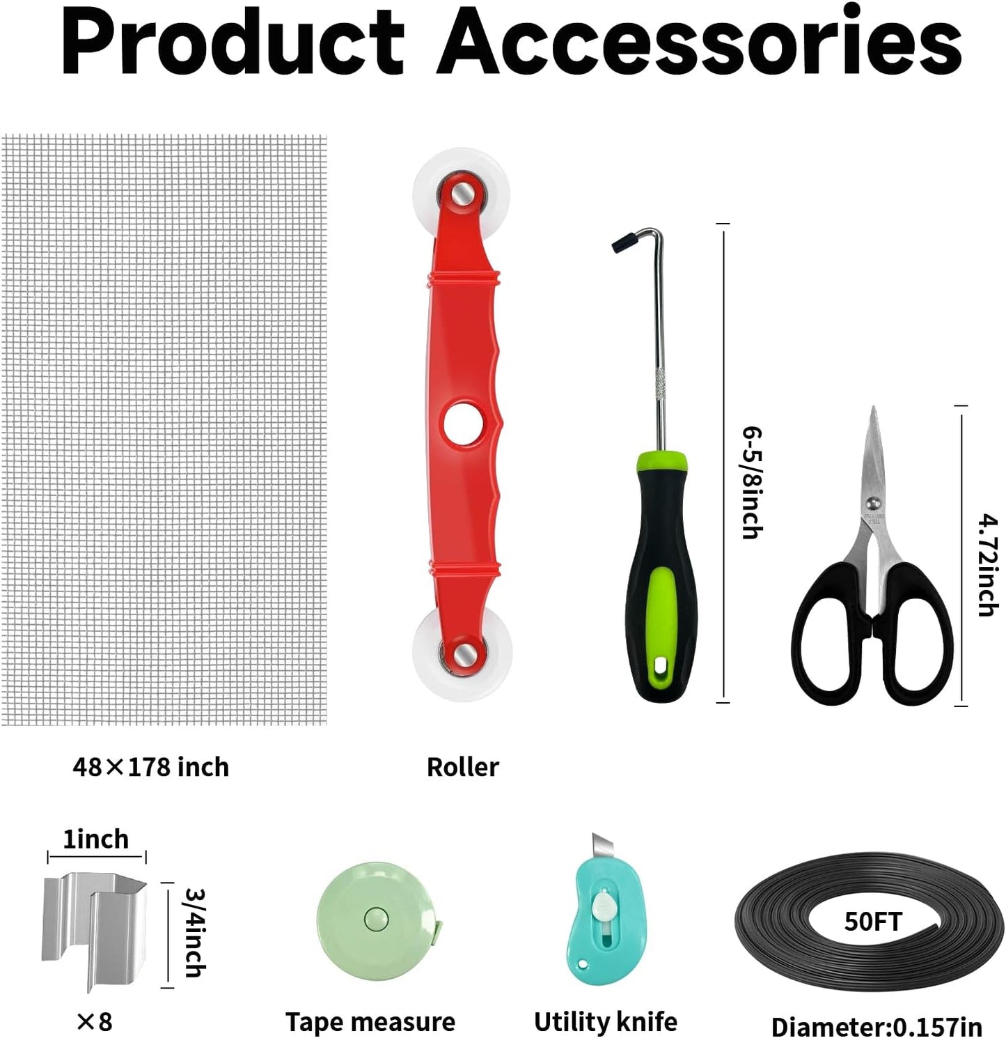 Window Screen Door Repair/Replacement Kit,48" x178" Adjustable Durable Fiberglass Window Screen Mesh,with Spline/Roller/Hook/Clips Screen Door Repair Kit,DIY Window,Porch Sliding Door(Black)