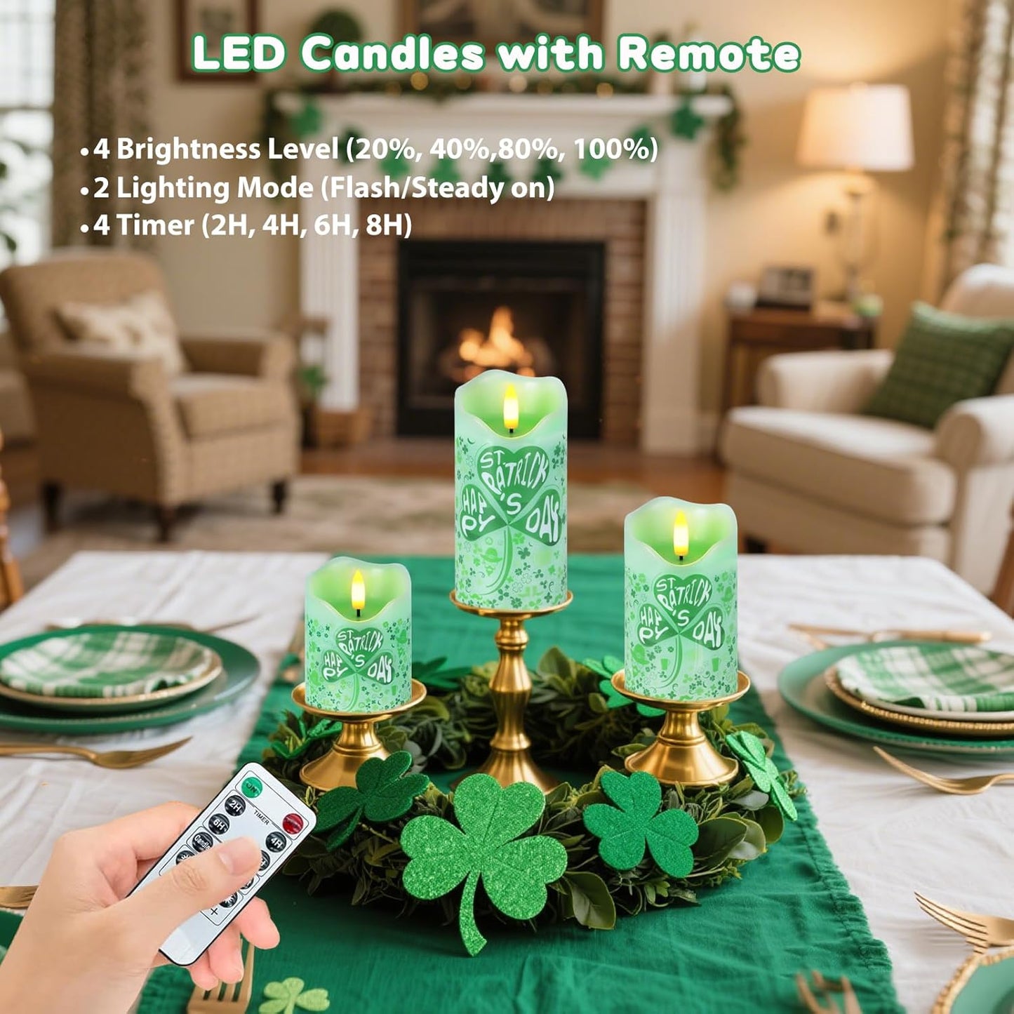 Flameless Candles Lights, Set of 3 Flickering LED Candles with Remote & Timer, Dimmable Electric Pillar Candles Battery Operated, Green Candles for Home St. Patrick’s Day Christmas Decor (Green)